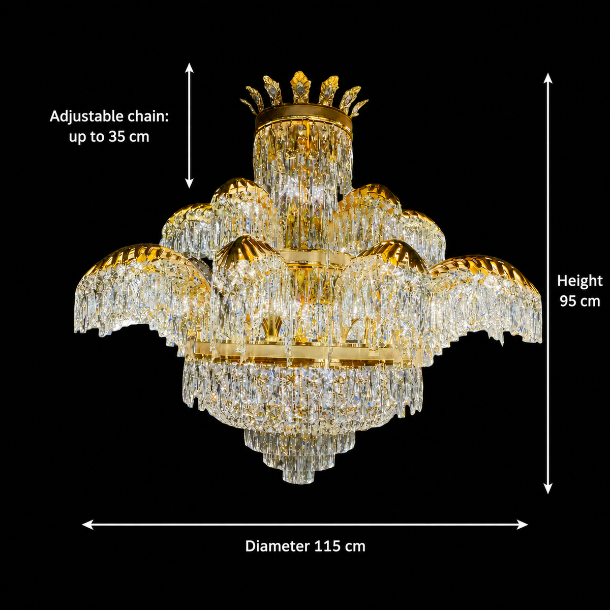 Kristálycsillár PALACE Supremo 29xG9, D115cm, fényes arany, állítható magasságú, fém és kristály kristálycsillárok, alapértelmezett cím Alessandro Design