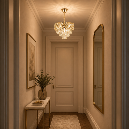Candelabru Cristal VECTOR Nobile 5xE14, Diametru 39cm, Auriu Lucios, Inaltime Reglabila, Metal si Cristal