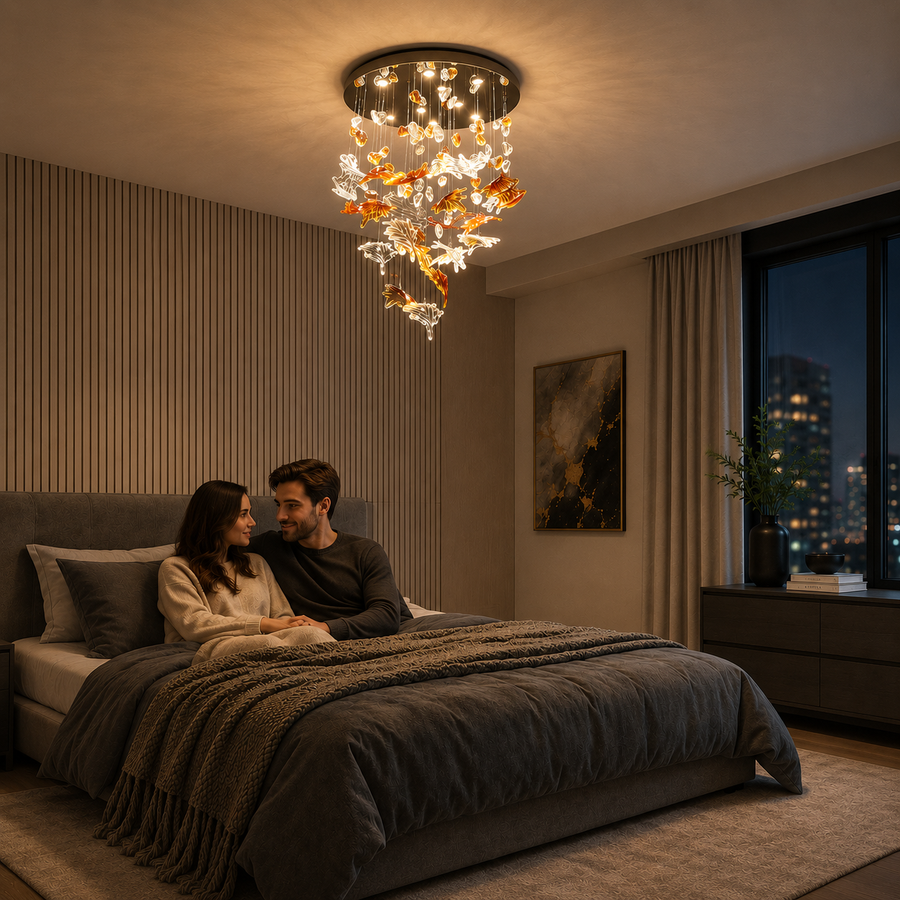 Candelabru LED Cristal ESIK Magno, 63W, Lumina Rece/Calda/Neutra, Metal si Sticla, Auriu