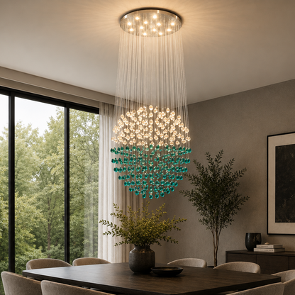 Candelabru LED Cristal OSKEMEN Supremo, 63W, Lumina Rece/Calda/Neutra, Metal si Sticla, Verde