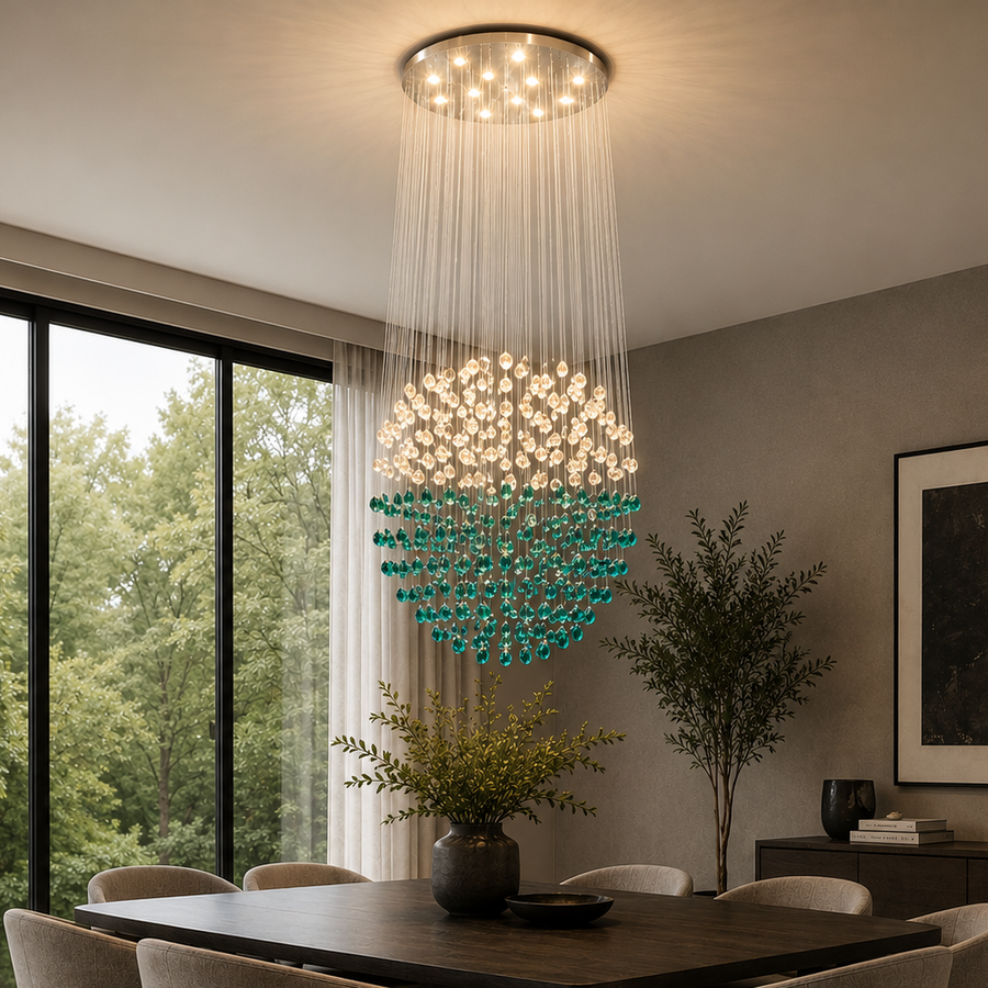 Candelabru LED Cristal OSKEMEN Supremo, 63W, Lumina Rece/Calda/Neutra, Metal si Sticla, Verde
