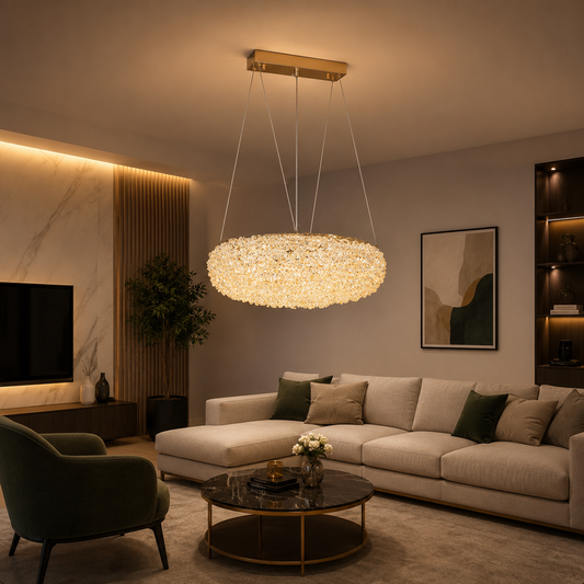 Candelabru Modern cu Cristal, Telecomanda, PRUGU, 65W, Lumina Calda/Neutra/Rece, Lungime 35 cm, Auriu, Inaltime reglabila
