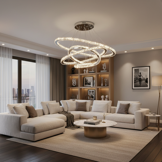 Világító PRISM LED csillár, kristály és fém, 210 W, 4 kör, szabályozható, hideg/meleg/semleges fény, luxus világítás