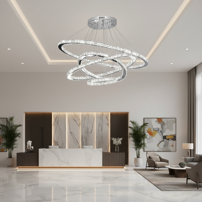 Világító PRISM LED csillár, kristály és fém, 210 W, 4 kör, szabályozható, hideg/meleg/semleges fény, luxus világítás