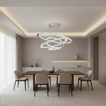 Világító PRISM LED csillár, kristály és fém, 210 W, 4 kör, szabályozható, hideg/meleg/semleges fény, luxus világítás