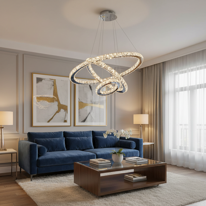 Függesztett LED-csillár távirányítóval és kristály PRISM LUMINIS 78.3W, 3 kör, hideg/meleg/semleges fény, szabályozható, ezüst, állítható magasságú