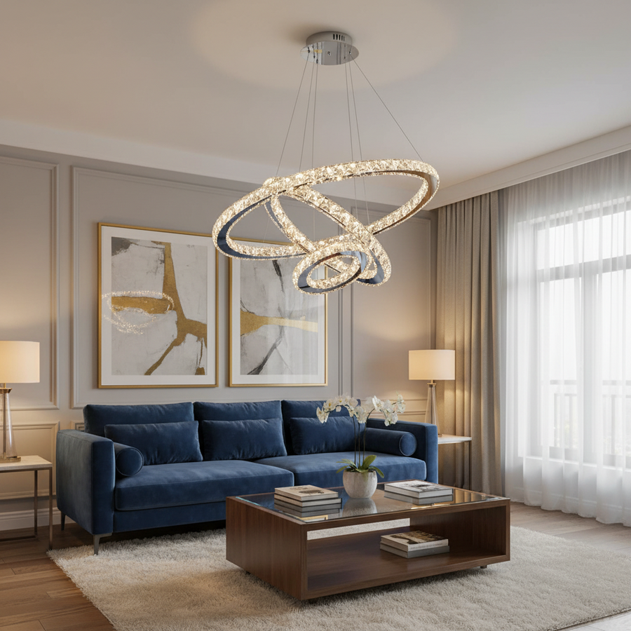 Függesztett LED-csillár távirányítóval és kristály PRISM LUMINIS 78.3W, 3 kör, hideg/meleg/semleges fény, szabályozható, ezüst, állítható magasságú