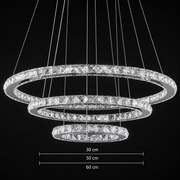 Függesztett LED-csillár távirányítóval és kristály PRISM LUMINIS 78.3W, 3 kör, hideg/meleg/semleges fény, szabályozható, ezüst, állítható magasságú