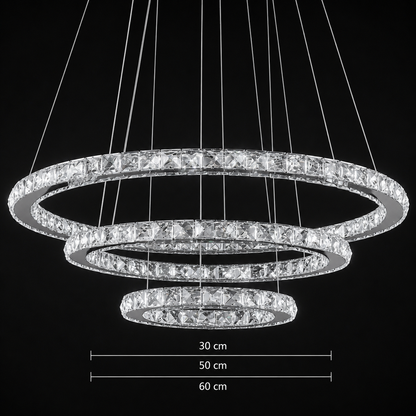 Függesztett LED-csillár távirányítóval és kristály PRISM LUMINIS 78.3W, 3 kör, hideg/meleg/semleges fény, szabályozható, ezüst, állítható magasságú