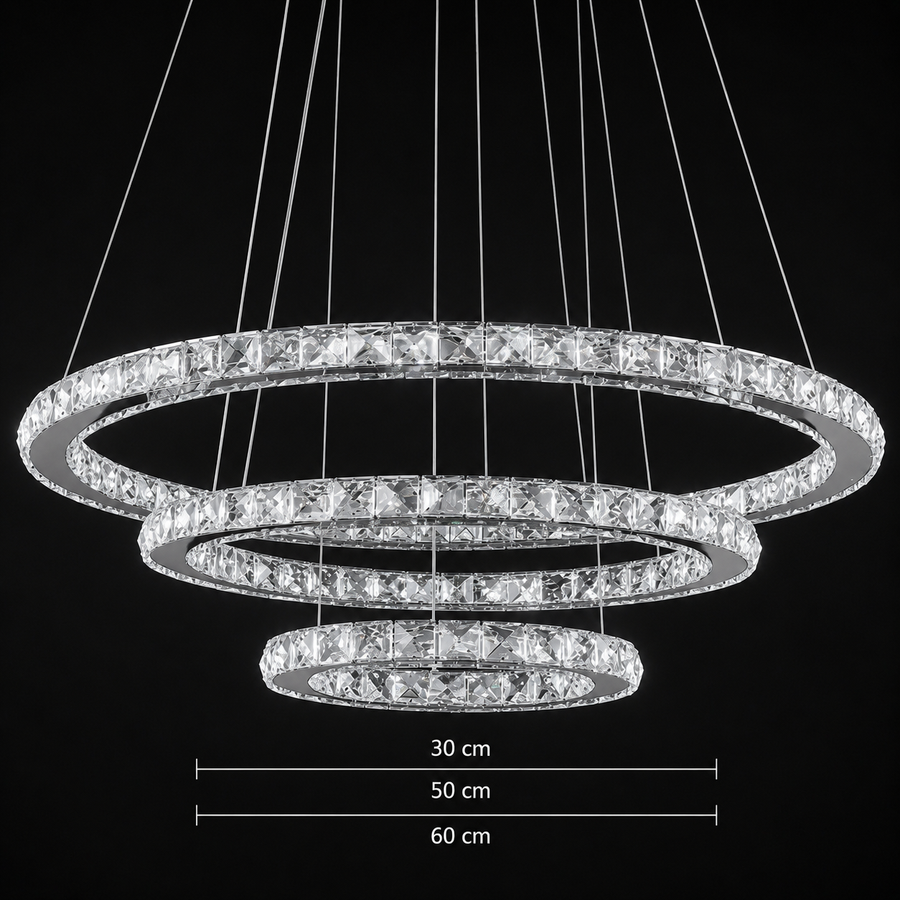 Függesztett LED-csillár távirányítóval és kristály PRISM LUMINIS 78.3W, 3 kör, hideg/meleg/semleges fény, szabályozható, ezüst, állítható magasságú