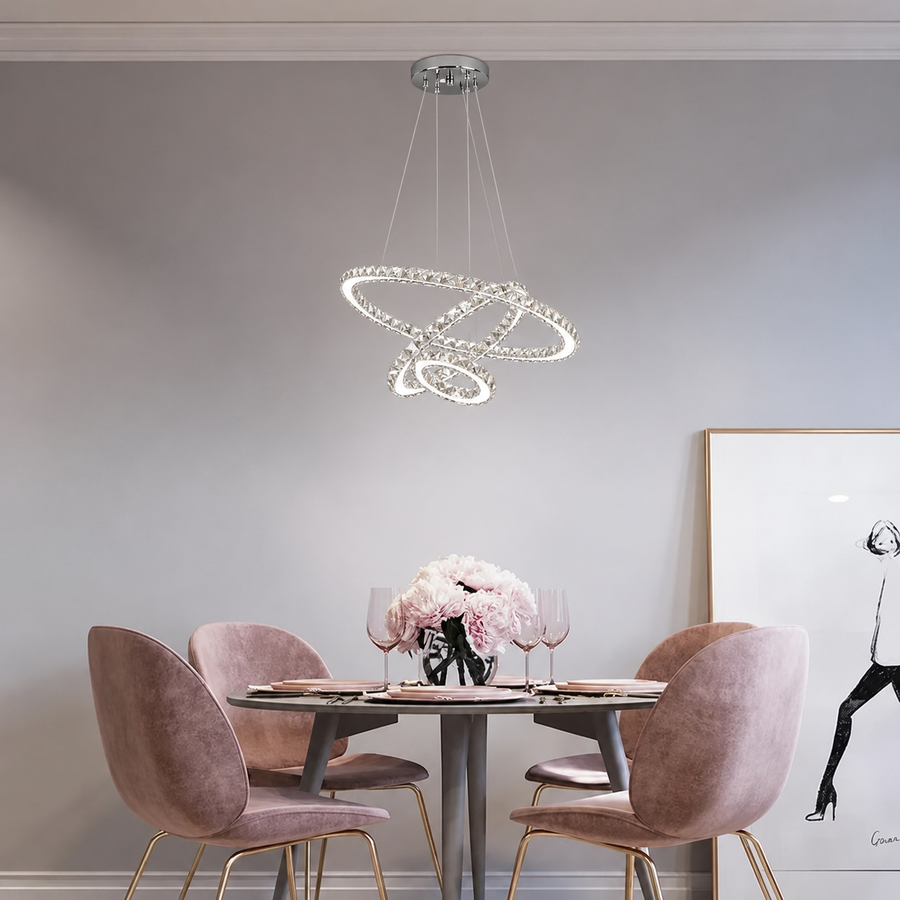 Függesztett LED-csillár távirányítóval és kristály PRISM LUMINIS 78.3W, 3 kör, hideg/meleg/semleges fény, szabályozható, ezüst, állítható magasságú