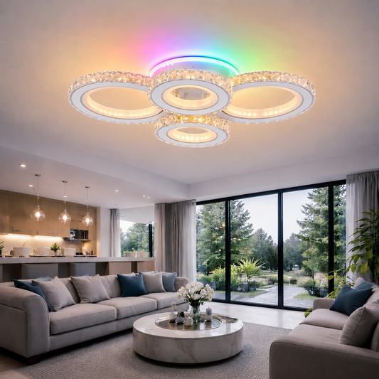 LED csillár távirányítóval és kristály NOVA ROTONDA RGB 82W, 4 kör, hideg/meleg/semleges fény, szabályozható, fehér