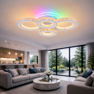 LED csillár távirányítóval és kristály NOVA ROTONDA RGB 82W, 4 kör, hideg/meleg/semleges fény, szabályozható, fehér
