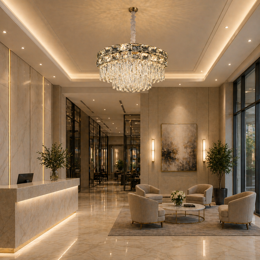 Candelabru Cristal LUCENT Eleganza 9xE14, D50 cm, Auriu, Inaltime Reglabila, Metal si Cristal