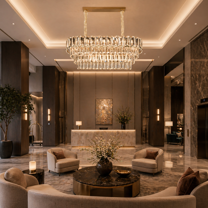 Candelabru Cristal VALMONT Supremo 12xE14, 80x30 cm, Auriu, Inaltime Reglabila, Metal si Cristal
