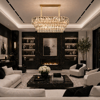 Candelabru Cristal VALMONT Supremo 12xE14, 80x30 cm, Auriu, Inaltime Reglabila, Metal si Cristal