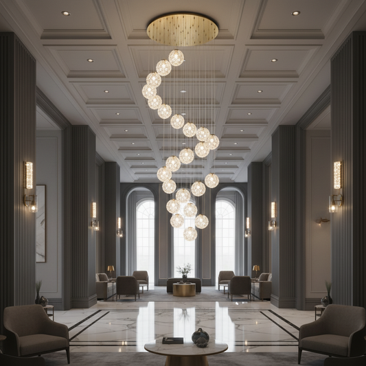 Candelabru Cristal MILLE, 25xG9 , Diametru 60cm x Inaltime 340cm, Cristal si Metal, Auriu