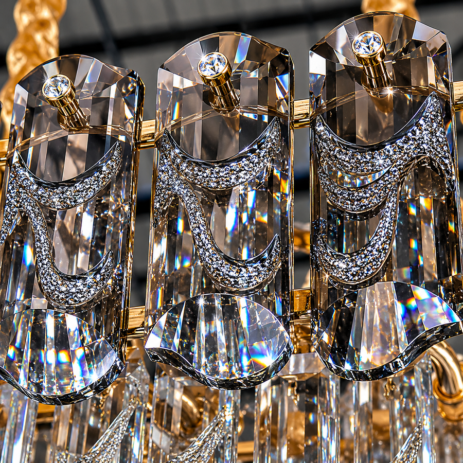 Candelabru Cristal AURUM Regalis 22xE14, Diametru 80cm, Inaltime 55cm, Auriu Lucios, Inaltime Reglabila, Design Elegant
