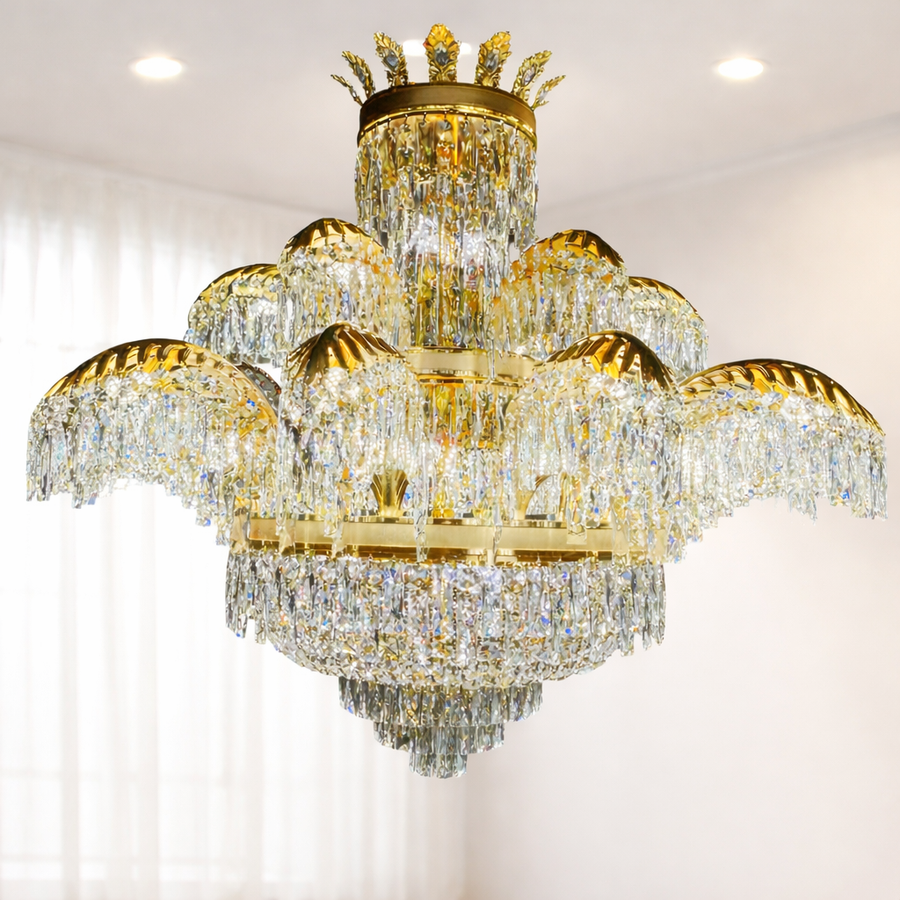 Regalis kristálycsillár 11x E14, átmérő 85 cm, fényes arany, állítható magasságú, fém és kristály