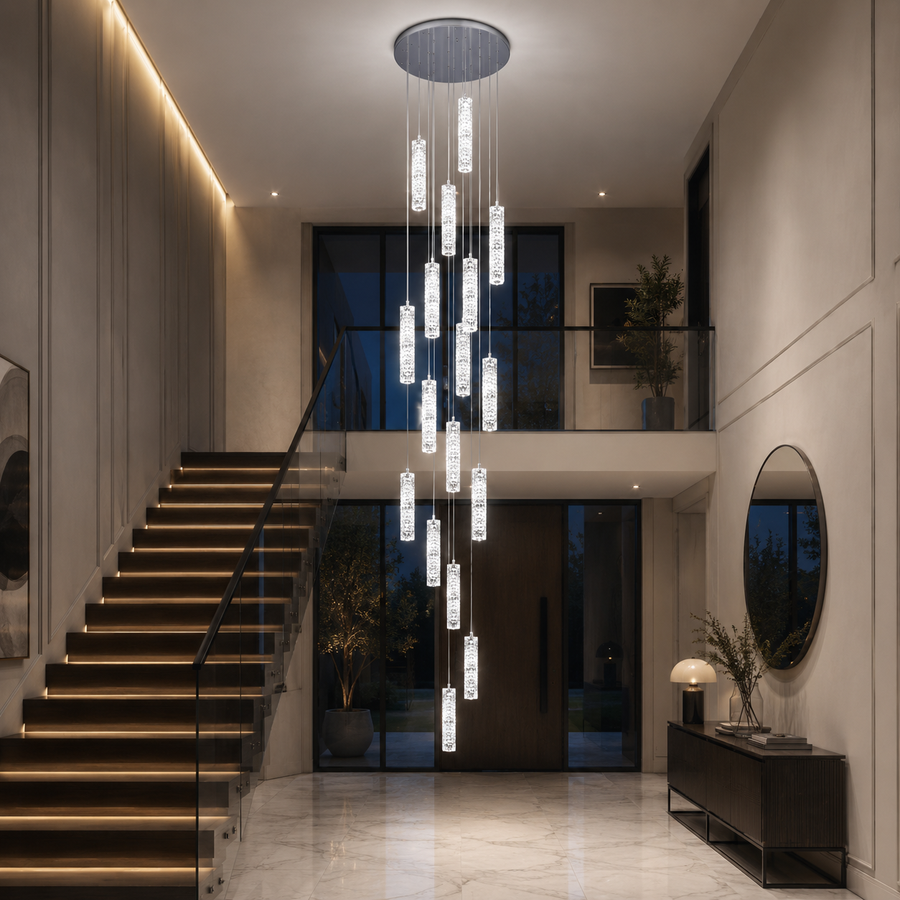 LED kristálycsillár AMIRI 82W króm, meleg/semleges/hideg fény 3000K/4000K/6000K Amiri, átmérő 40cm x magasság 300cm, kristály és fém