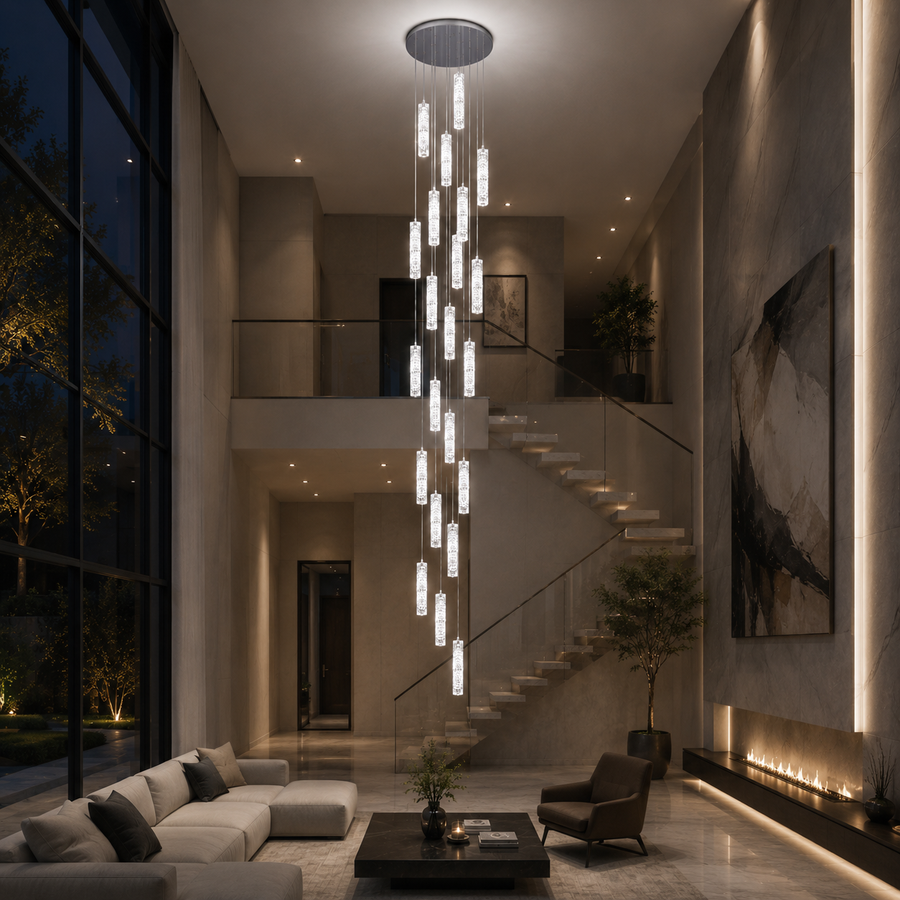 LED kristálycsillár AMIRI 82W króm, meleg/semleges/hideg fény 3000K/4000K/6000K Amiri, átmérő 40cm x magasság 300cm, kristály és fém