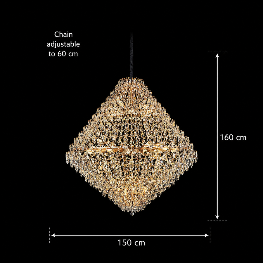 KONIG Grande Supremo kristálycsillár, 54xE14, D150 cm, arany, állítható magasságú, fém és kristály