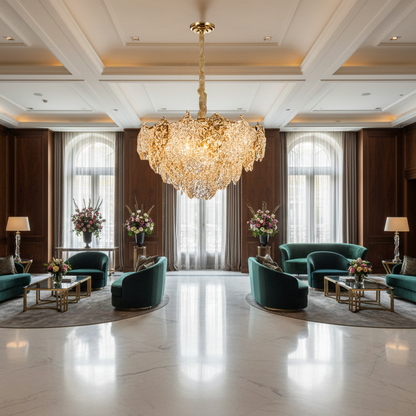 Candelabru Cristal LUXE Regalis, 21xE14, Diametru 80cm, Inaltime 45cm, Auriu Lucios, Inaltime Reglabila, Design Elegant
