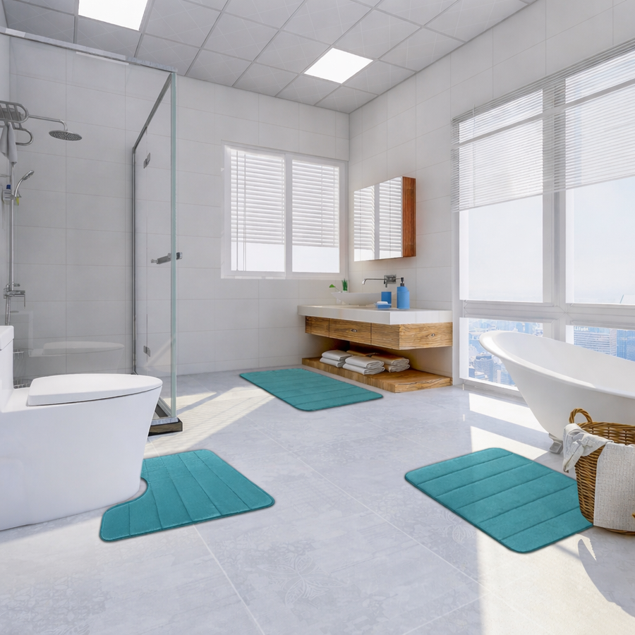 3 db-os fürdőszőnyeg készlet, 50x40 cm, kék, csúszásmentes