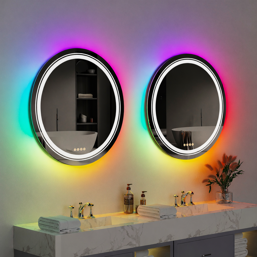 Kerek LED-es tükör, 70 cm, Celeste MotionGlow Marcello, RGB fény, Bluetooth hangszóró, páramentesítő rendszer, óra és hőmérő, szabályozható 70X70BTRGB
