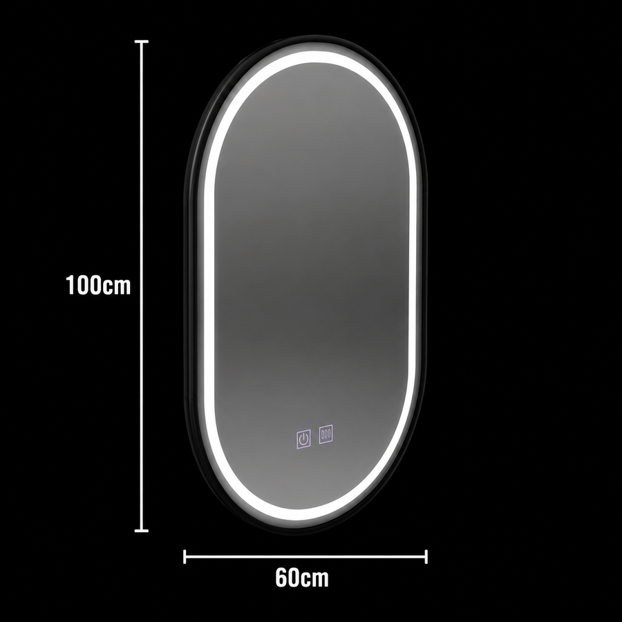 Ovális LED tükör 60x100cm VETRO, 22W, Érintős szabályozható páramentesítő rendszer, fekete keret