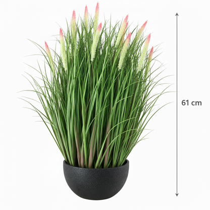 Mesterséges növény, rókafarkú, díszes cserepes fű, 61 cm, 19 fűszerrel, zöld és rózsaszín