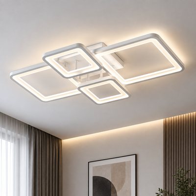 LED csillár távirányítóval ELLA 67W, 4 négyzet, hideg/meleg/semleges fény, szabályozható, fehér, fém és akril
