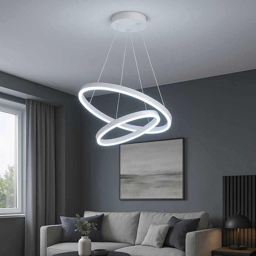 LED -csillár 69W -os CASIAN távirányítóval, 2 kör, hideg/forró/semleges fény, instabil, fekete, állítható magassággal felfüggesztette