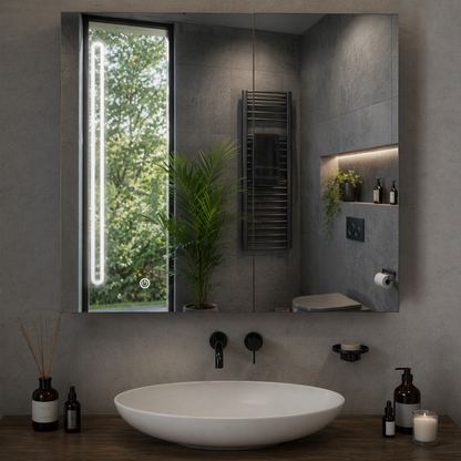 LED tükör Szekrénnyel PLANO 80x70 cm fehér érintésérzékelővel és tárolóval