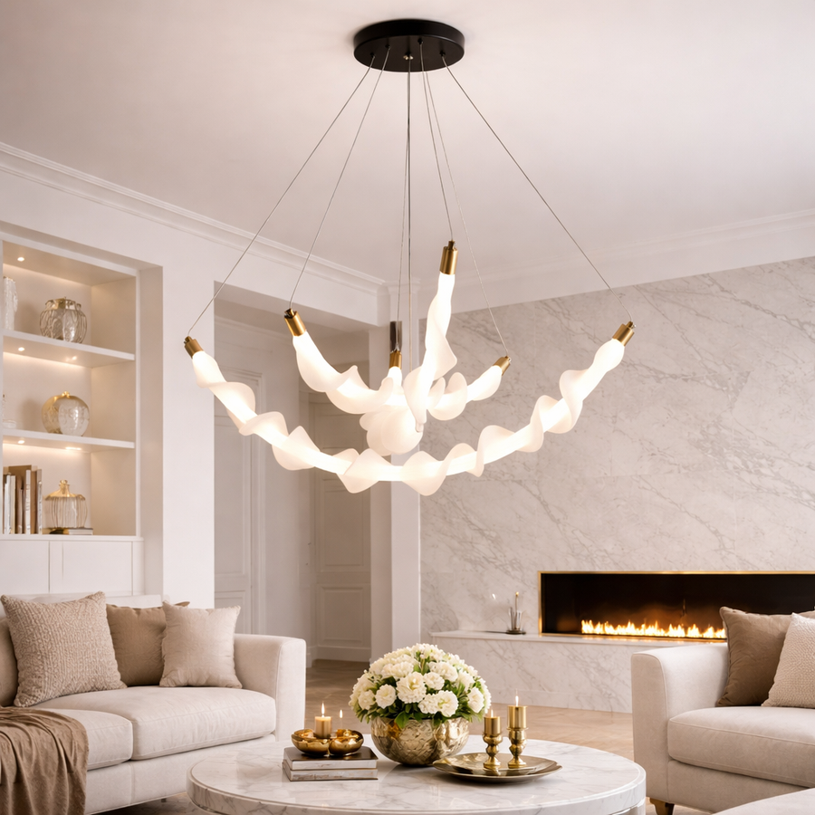 Függesztett akril LED csillár LT760/3GD, 28W, meleg/semleges/hideg fény 3000/4000/6000K, fehér, állítható magasságú, fém és akril