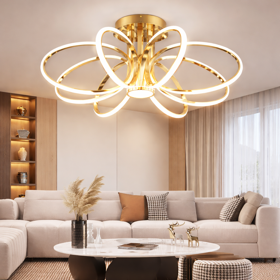 LED csillár távirányítóval LT771/500GD, 25W, meleg/hideg/semleges fény 3000K/4000K/6000K, szabályozható, arany, fém és szilikon