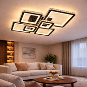 LED csillár távirányítóval és kristály QUADRIS RGB 177W, 6 négyzet, hideg/meleg/semleges fény 3000K/4000K/6000K, szabályozható, fekete, fém és kristály