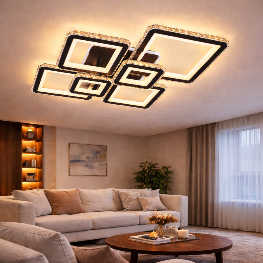 LED csillár távirányítóval és kristály QUADRIS RGB 177W, 6 négyzet, hideg/meleg/semleges fény 3000K/4000K/6000K, szabályozható, fekete, fém és kristály