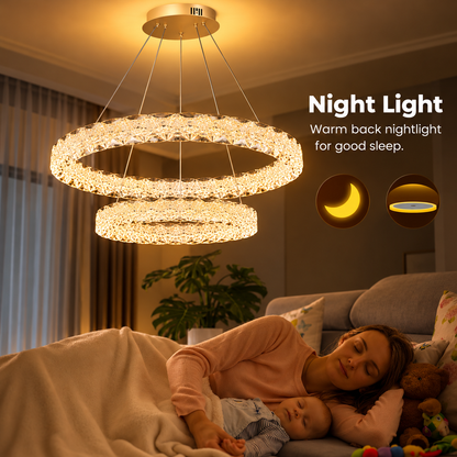 SHELP Crystal LED csillár távirányítóval, 64W, meleg/semleges/hideg fény, Φ60 cm, állítható magasságú, fém és kristály, arany