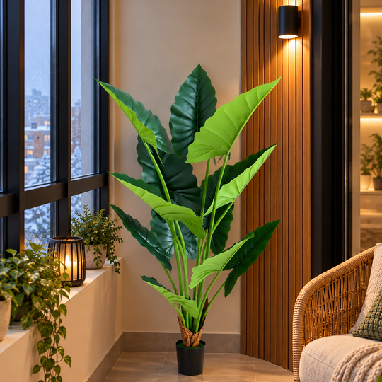 Mesterséges növénytípus alocasia, 12 levél, 150 cm, zöld