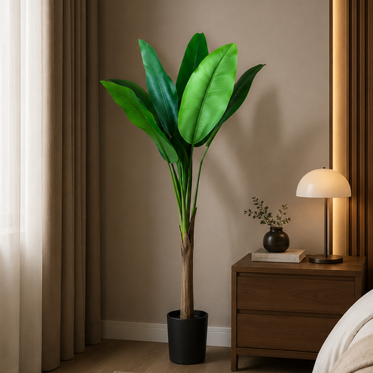 Mesterséges banánfa növény, 130 cm, 6 leveles, zöld, cserepes