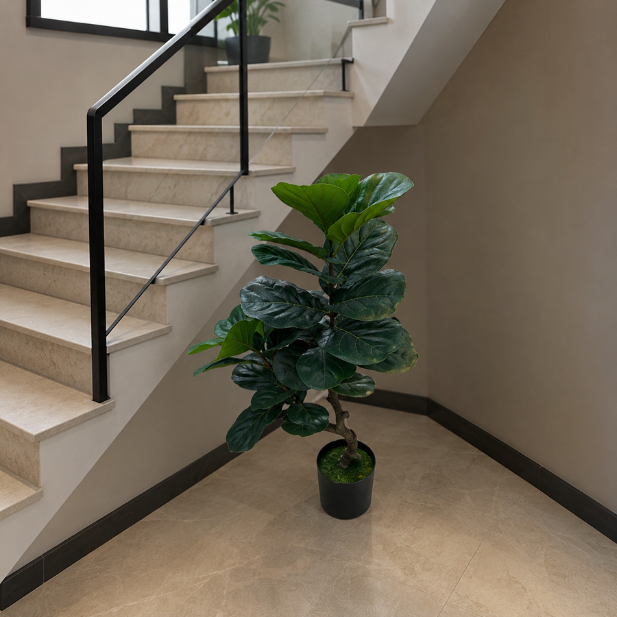 Decorațiune Ficus Lyrata, Ramificatie, 2 Ramuri, Plastic, 100 cm, Verde