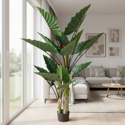 Plantă Artificială Tip Alocasia Cu Frunze Late, 2 trunchiuri, 190 cm, Verde