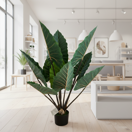 Mesterséges alocasia növény széles levelekkel, 120 cm, zöld