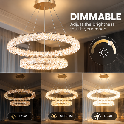 SHELP Crystal LED csillár távirányítóval, 64W, meleg/semleges/hideg fény, Φ60 cm, állítható magasságú, fém és kristály, arany