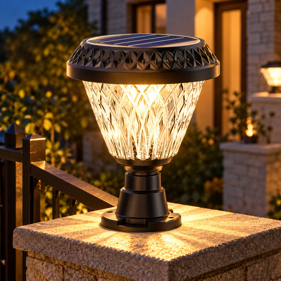 LED napelemes lámpa kültéri oszlophoz SOLEO, 8W, meleg/hideg/semleges fény + RGB, kerek forma, alumínium, fekete, szabályozható