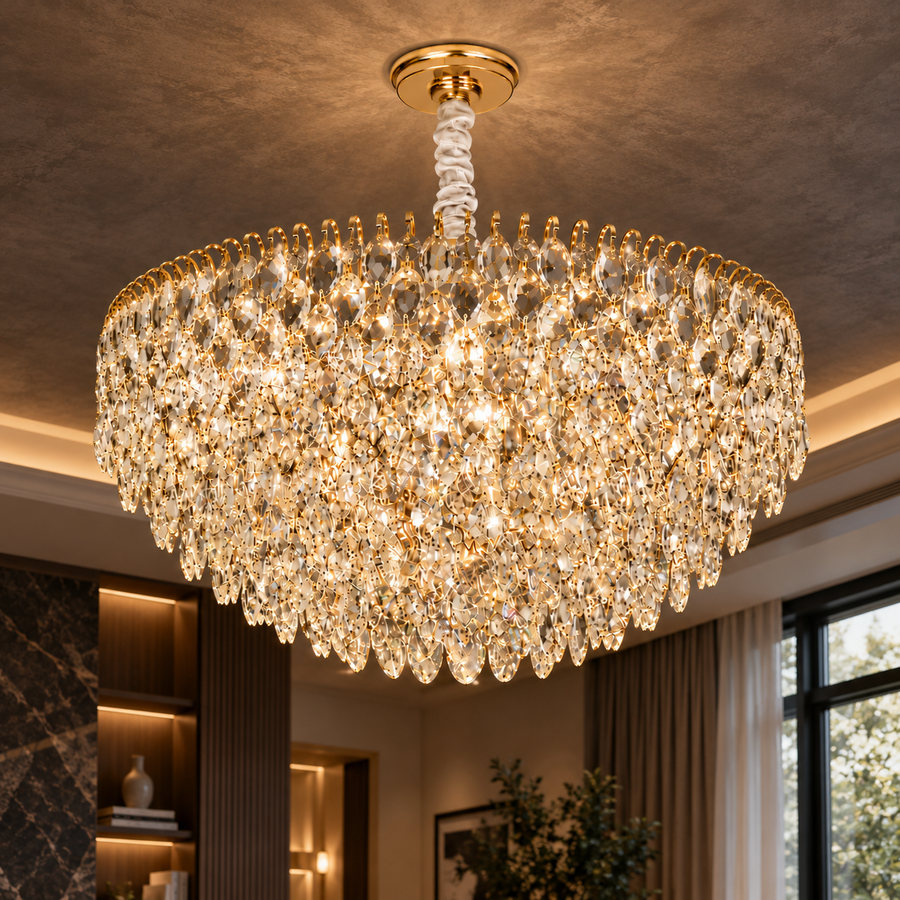 ERDENET Eleganza kristálycsillár, 9xE14, átmérő 50 cm, fém és kristály, fényes arany, állítható magasságú
