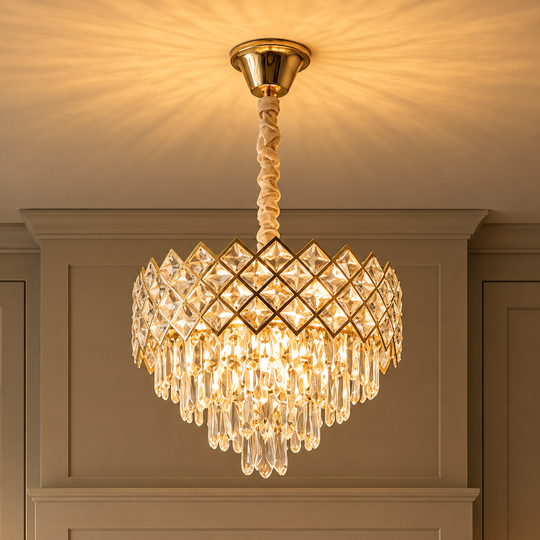 VECTORIA Elegance kristálycsillár 8xE14, átmérő 48 cm, arany, állítható magasságú, fém és kristály