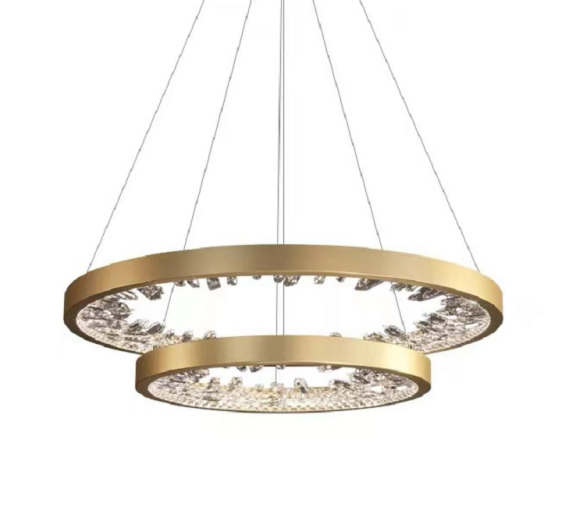 LED -csillár, távirányítóval, K9 kristályokkal, 110W, 2 kör, hideg/forró/semleges fény, instabil, fényes arany, állítható magasság