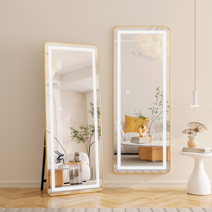 Négyszögletű LED tükör, arany keret, 50x160 cm, szabályozható, hideg/meleg/semleges fény, öltözködési stílus